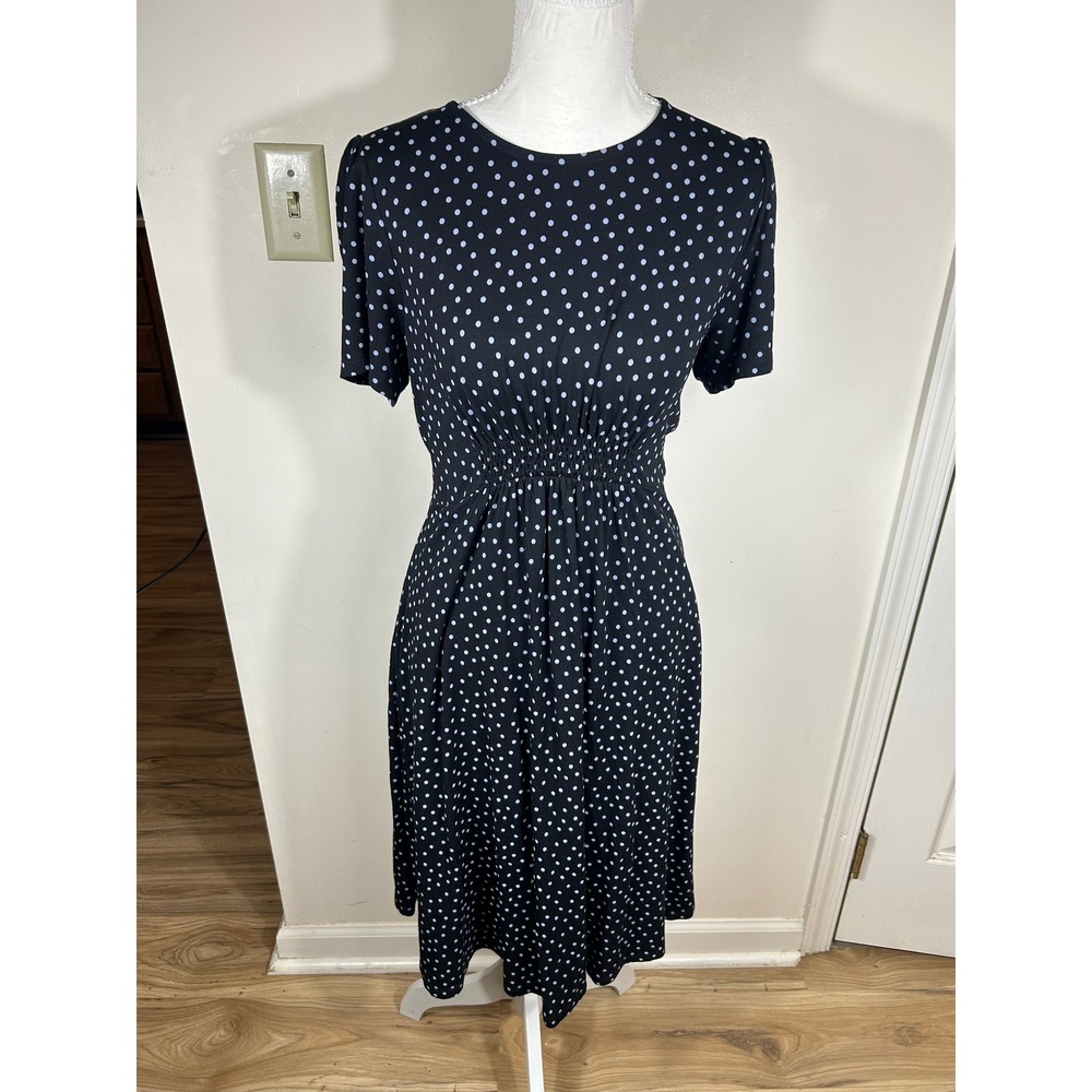 Boden Dress Sz 4Long Black Polka Dot Smocked Waist Jersey Midi Mod Retro Revival